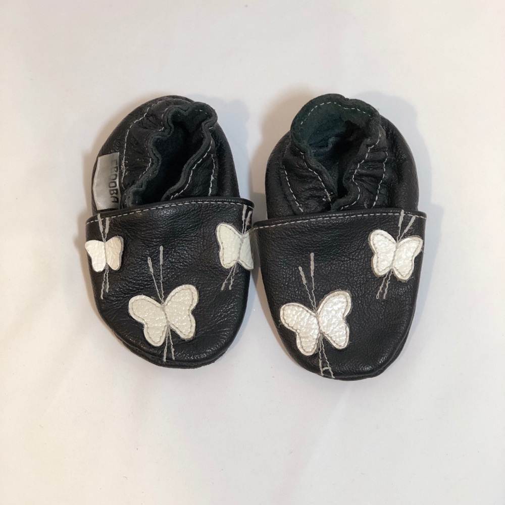 Ebooba Black Leather with Butterflies Crib Shoes